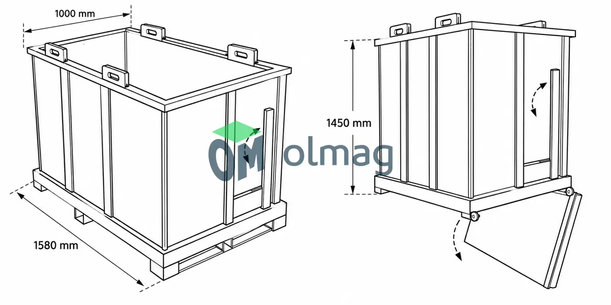 Kontener 1580x1000x1450, 1500l z otwieranym dnem