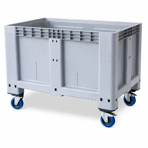 Skrzyniopaleta plastikowa pełna szara na stopach, kołach 1200x800x800